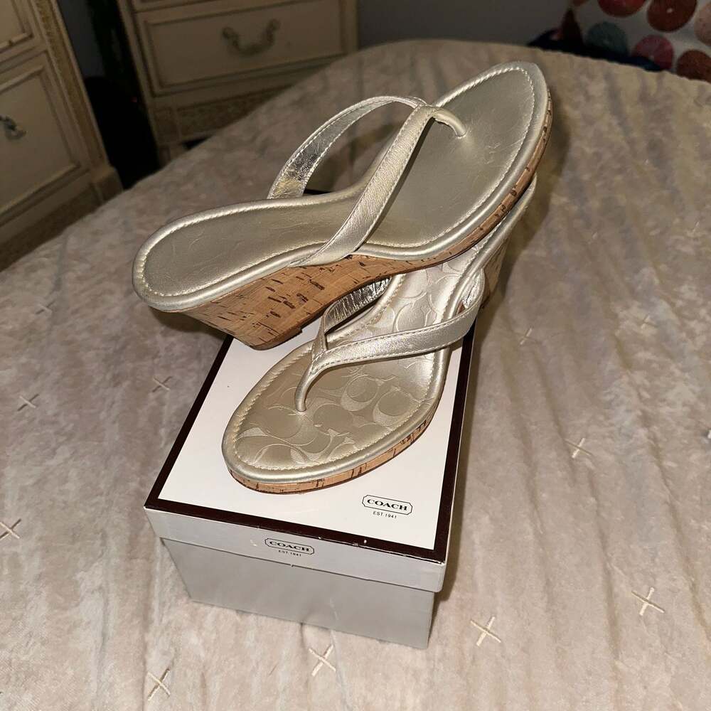 Coach Silver Metallic Cork Wedge Thong Sandals